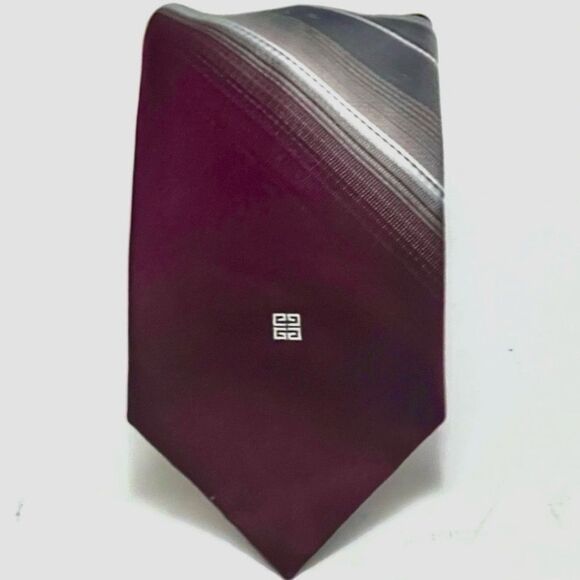 Givenchy Poly-Silk Tie Burgundy Striped Vintage Luxury Retro Designer Necktie - Picture 2 of 9
